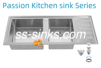 12050 हस्तनिर्मित रसोई स्टेनलेस स्टील डबल बाउल सिंक ड्रेन बोर्ड के साथ