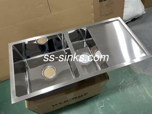 डबल बाउल वर्कस्टेशन ड्रेनबोर्ड के साथ पोलिश हस्तनिर्मित रसोई सिंक