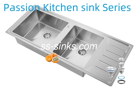 12050 हस्तनिर्मित रसोई स्टेनलेस स्टील डबल बाउल सिंक ड्रेन बोर्ड के साथ