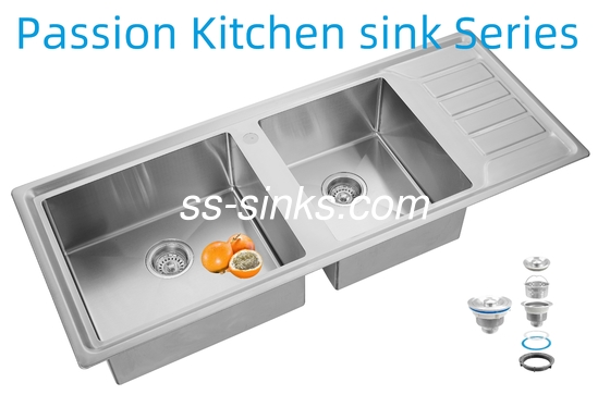 12050 हस्तनिर्मित रसोई स्टेनलेस स्टील डबल बाउल सिंक ड्रेन बोर्ड के साथ