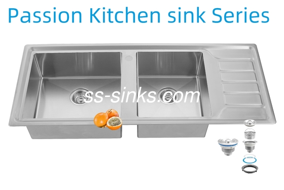 12050 हस्तनिर्मित रसोई स्टेनलेस स्टील डबल बाउल सिंक ड्रेन बोर्ड के साथ
