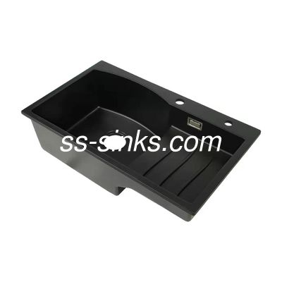 2 छेद आयताकार स्टेनलेस स्टील क्वार्ट्ज स्टोन रसोई सिंक 3-1 / 2 ''